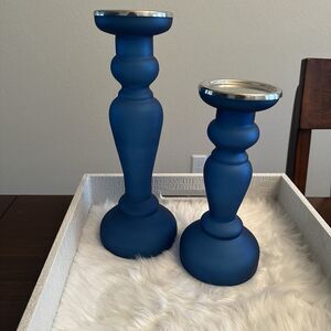 Candle Holders Pillar Lot 2 Blue Glass Art Deco 10" & 12" Silver Top 3"